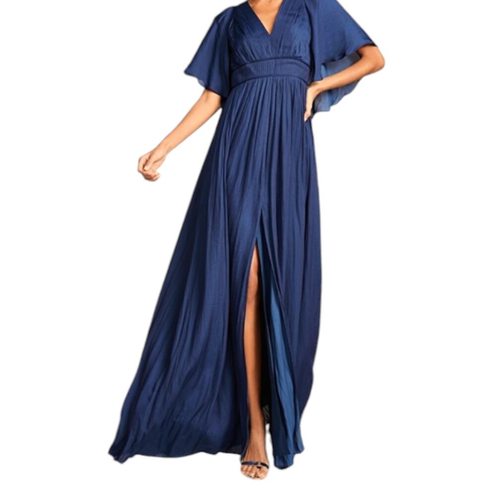 HALSTON HERITAGE $525 NEW Long Formal Dress 2 Maxi Navy Blue Cape Sleeve Wedding